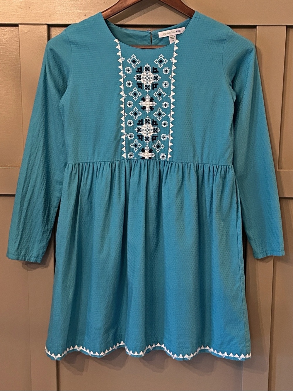 Garnet Hill Kids Embroidered Dress Floral Teal Blue Long Sleeve Cotton Size 12